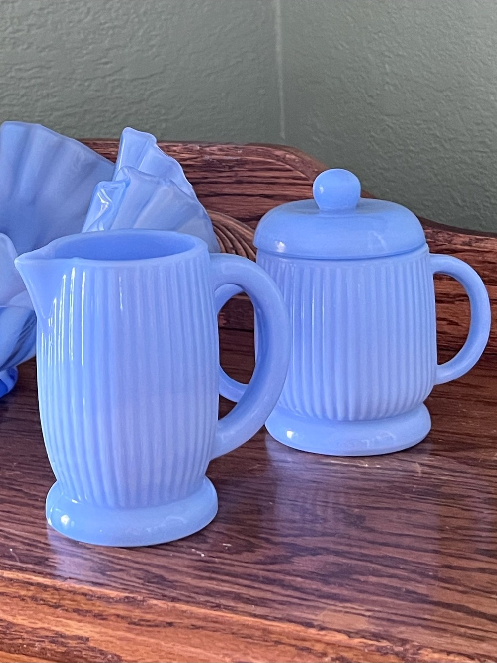 Vintage Delphite Blue Milk Glass Creamer Sugar Bowl Ribbed Depression Glass Set